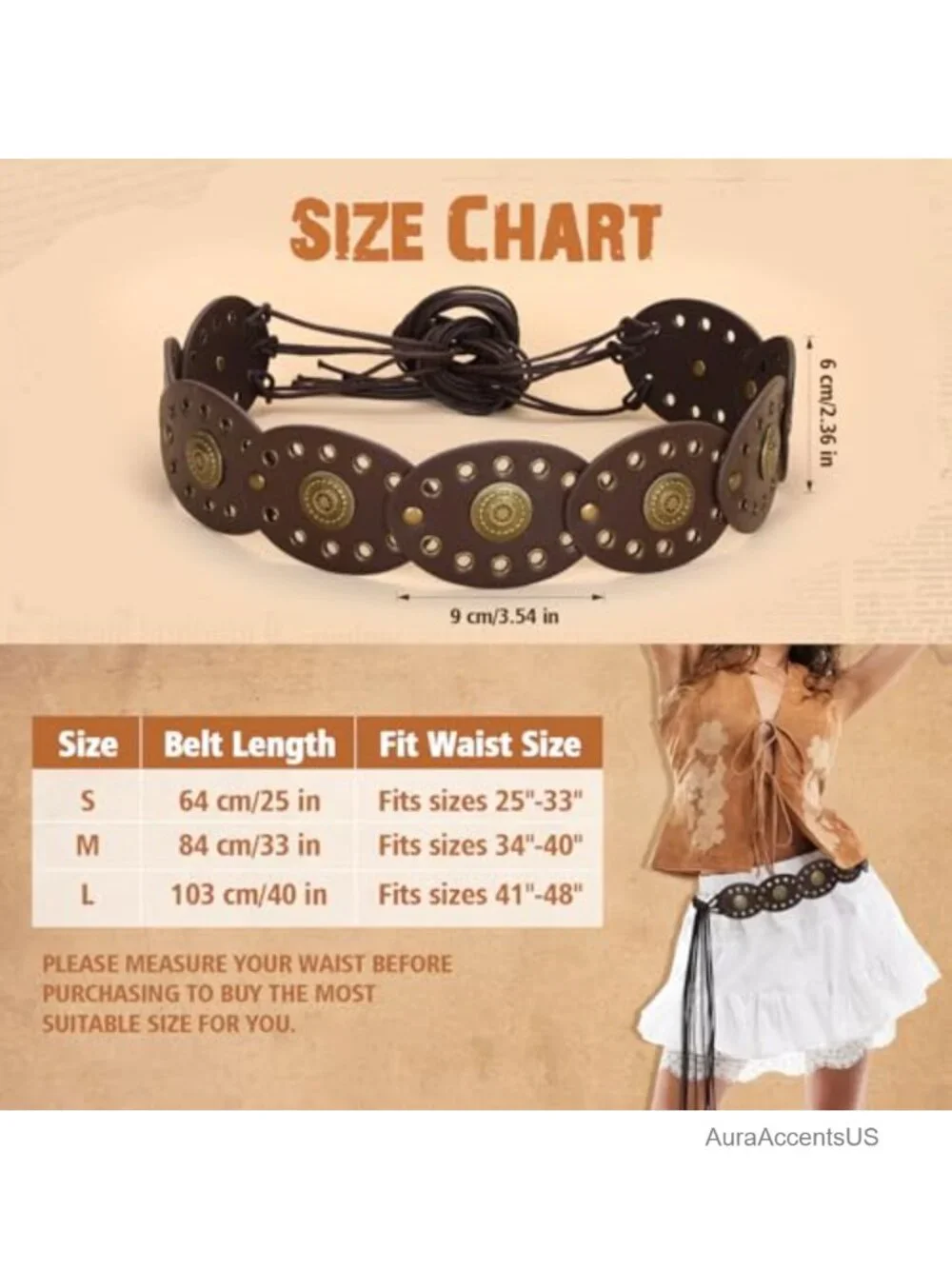 Vintage Faux Leather Boho Belt for Women Cowgirl Waist Belt